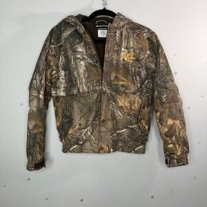 Real tree Camo Jacket Size Med (8) Hooded Full zip Coat Jacket Hunting Camo